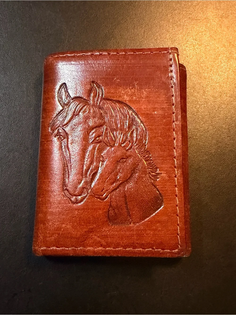 Western Express Horse Embossed Antique Brown Leather Trifold Wallet